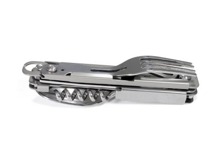 Faltbares Besteckset Origin Outdoors 5 in 1 Camping Besteckset mit Gabel, Messer, Löffel und Dosenöffner aus Edelstahl.